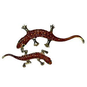 Vintage Pair of Art Deco Gecko Brooches, Hand Painted, Gold Plated
